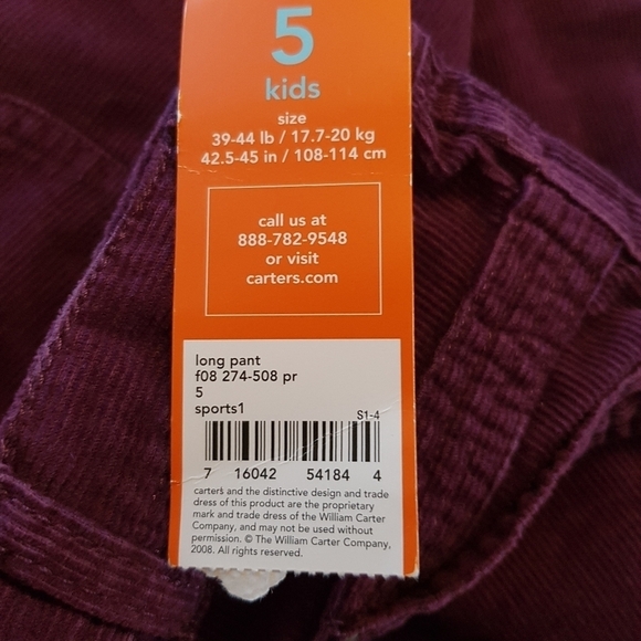 Carter's girls size 5 corduroy pants, slight flare, dark purple - Picture 2 of 5